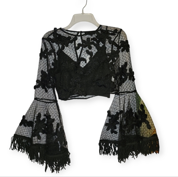 Anthropologie Endless Rose Black Lace Floral Embroidered Fringe Sleeves Crop Top - Picture 6 of 15